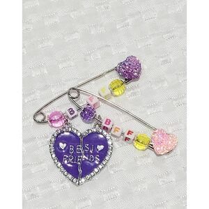 BFF Bestie Best Friends Safety Pins Brooch 2 pc Set Friendship Heart Purple Pink
